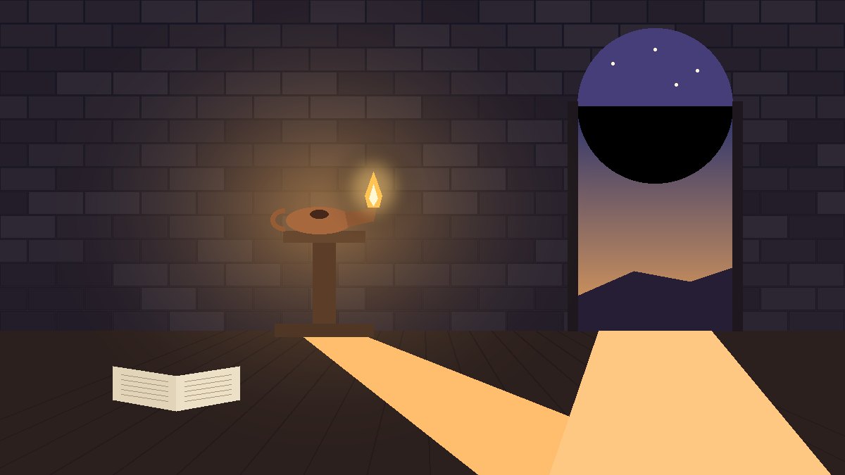 Illustration of a glowing oil lamp on a wooden stand beside an open doorway at dusk, light spilling onto a path, representing sharing the light of faith