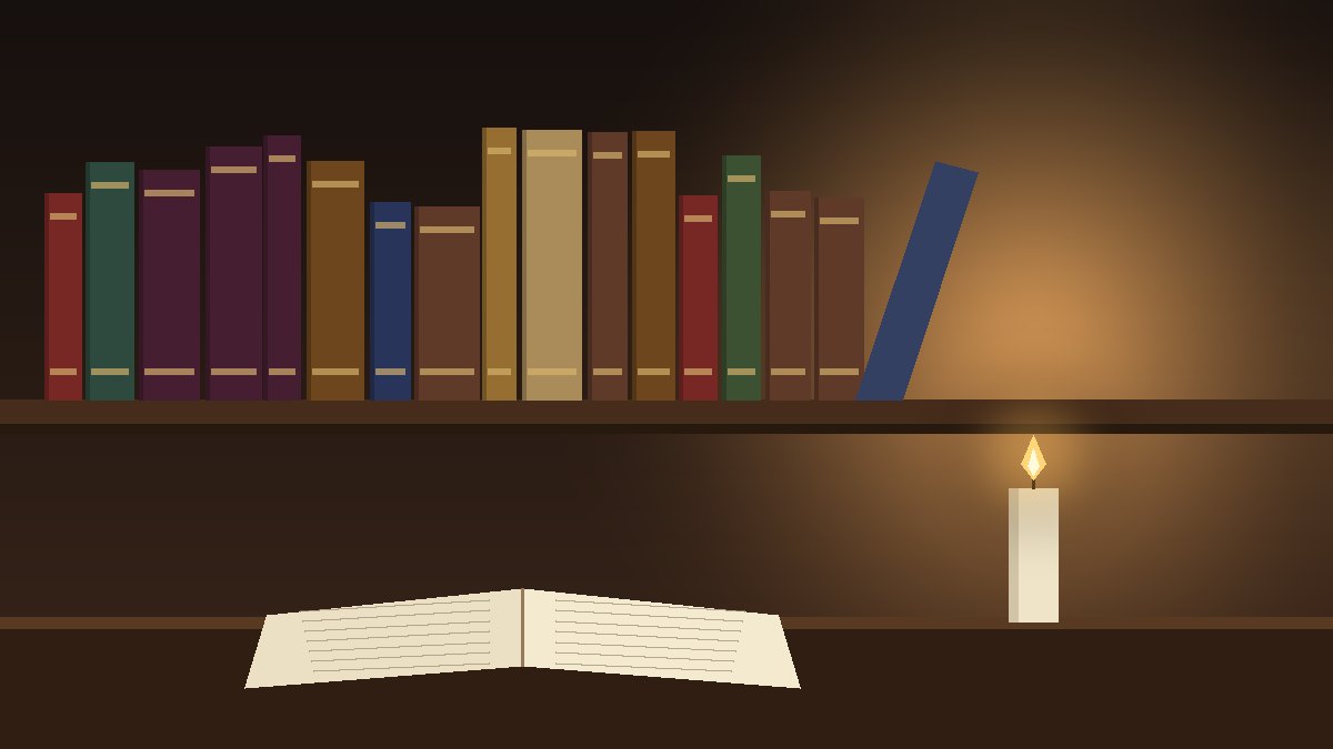 Illustration of a row of books on a wooden shelf beside an open book and a lit candle, representing reading on the spiritual disciplines