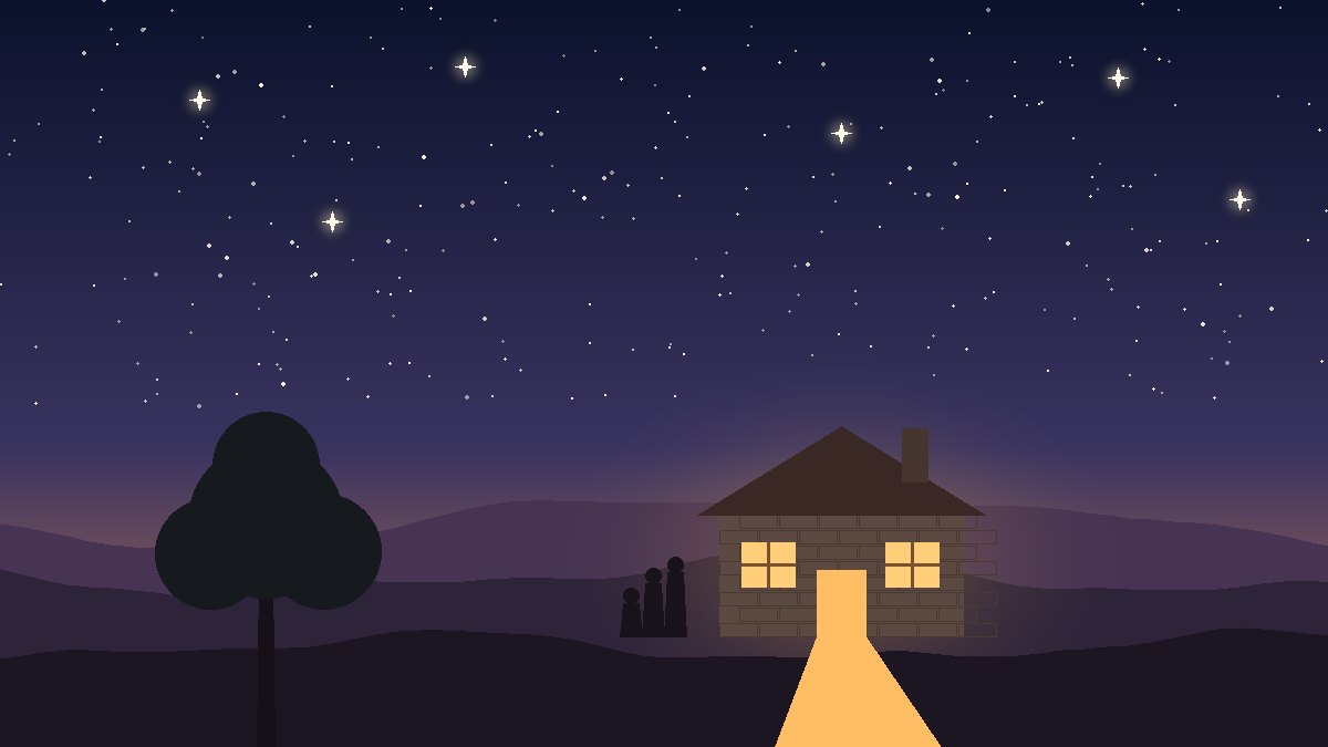 Illustration of a small stone house with warmly lit windows on a hillside under a starry twilight sky, representing the families of the Bible
